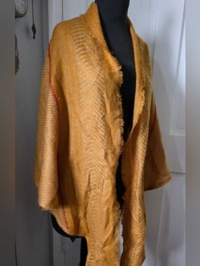 Mixit Mustard Yellow Open-Front Knit Wrap with Subtle Chevron